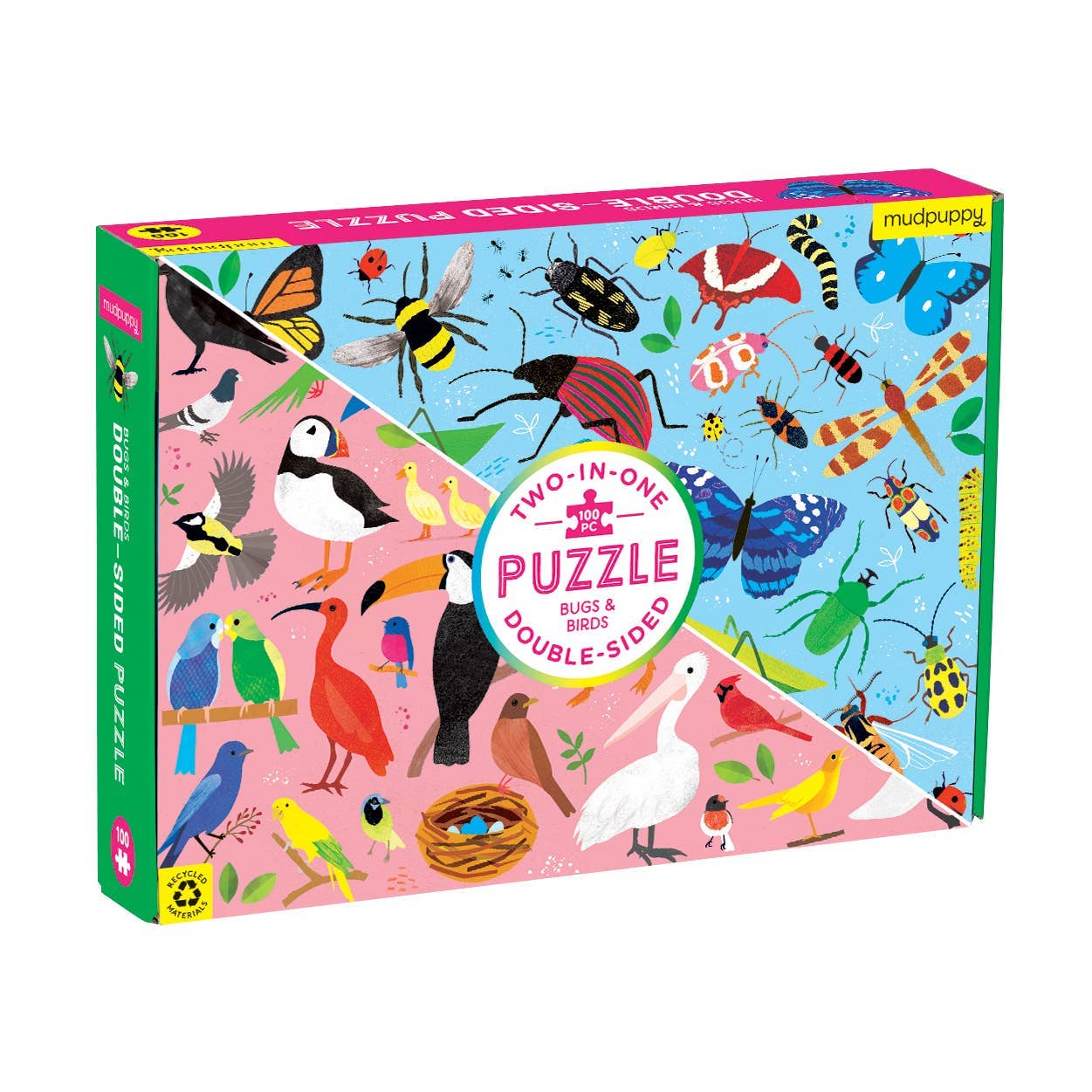 Two-sided puzzle box with bird and insect illustrations on a white background