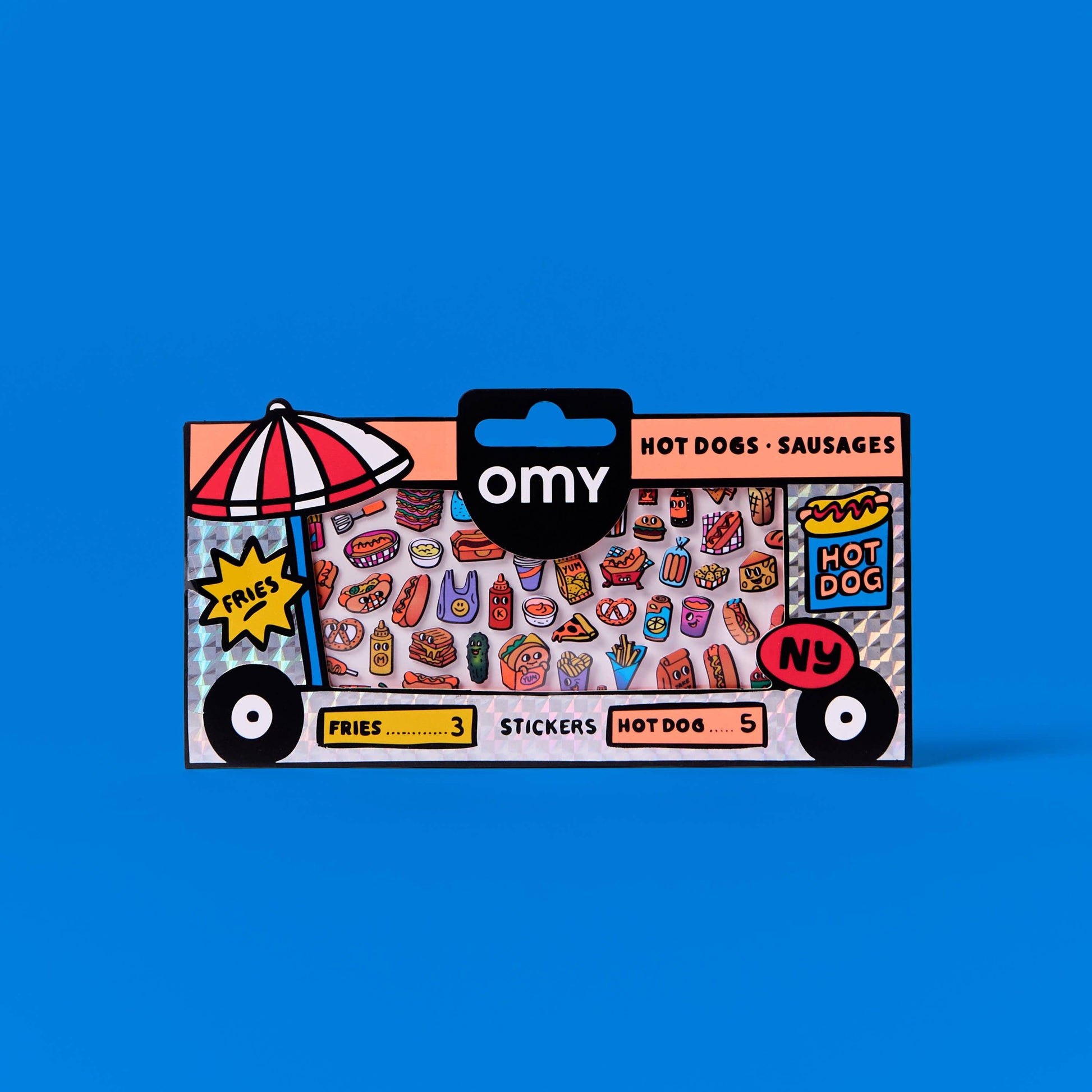 Packaged product with colorful illustrations on a blue background