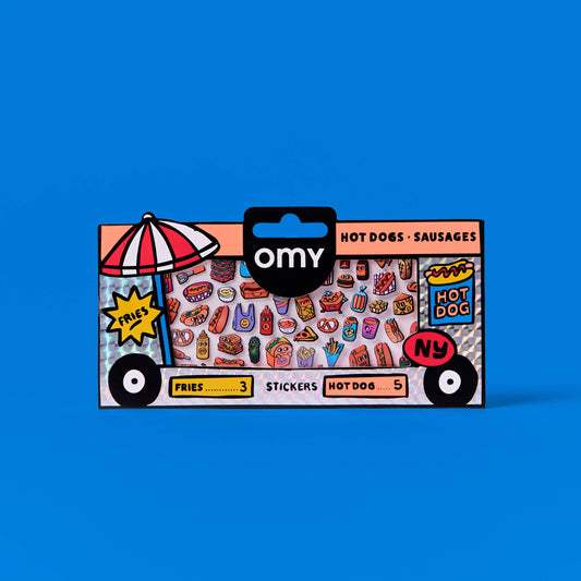 Packaged product with colorful illustrations on a blue background