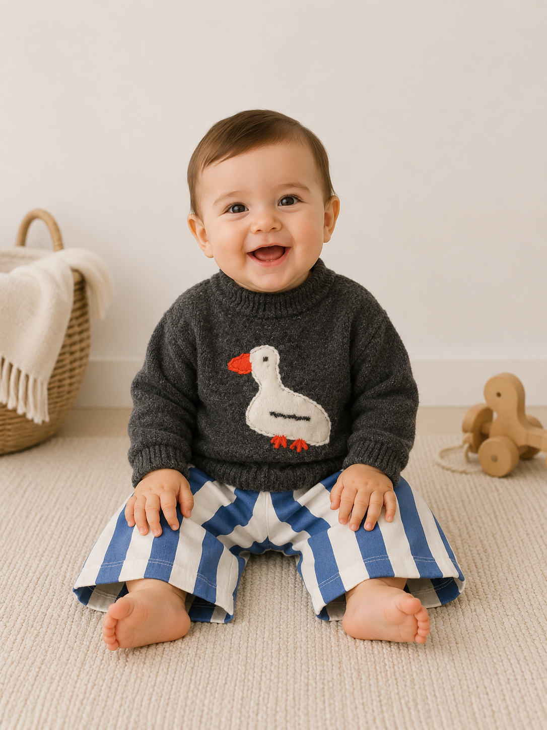 Baby wearing a dark gray sweater with a duck design and blue and white striped pants, sitting on a beige surface.