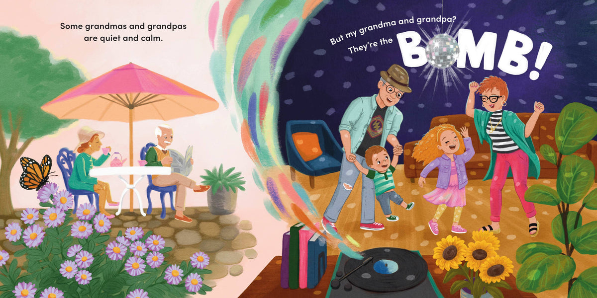 Illustrated book page with a family scene and text about grandmas and grandpas.