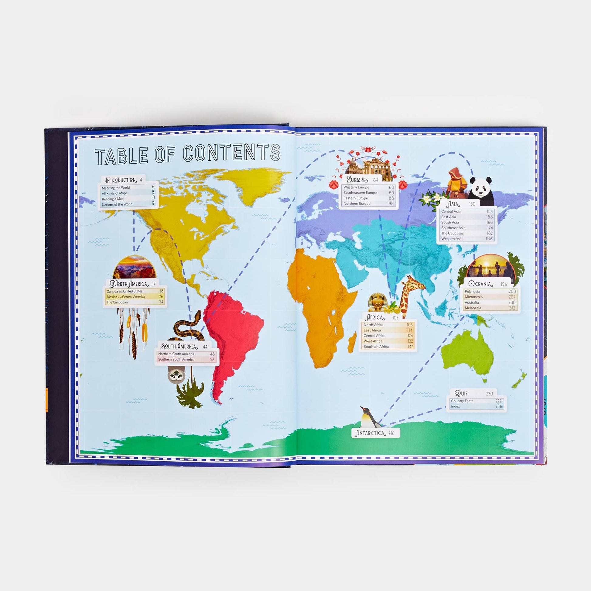 World map with a table of contents on a white background