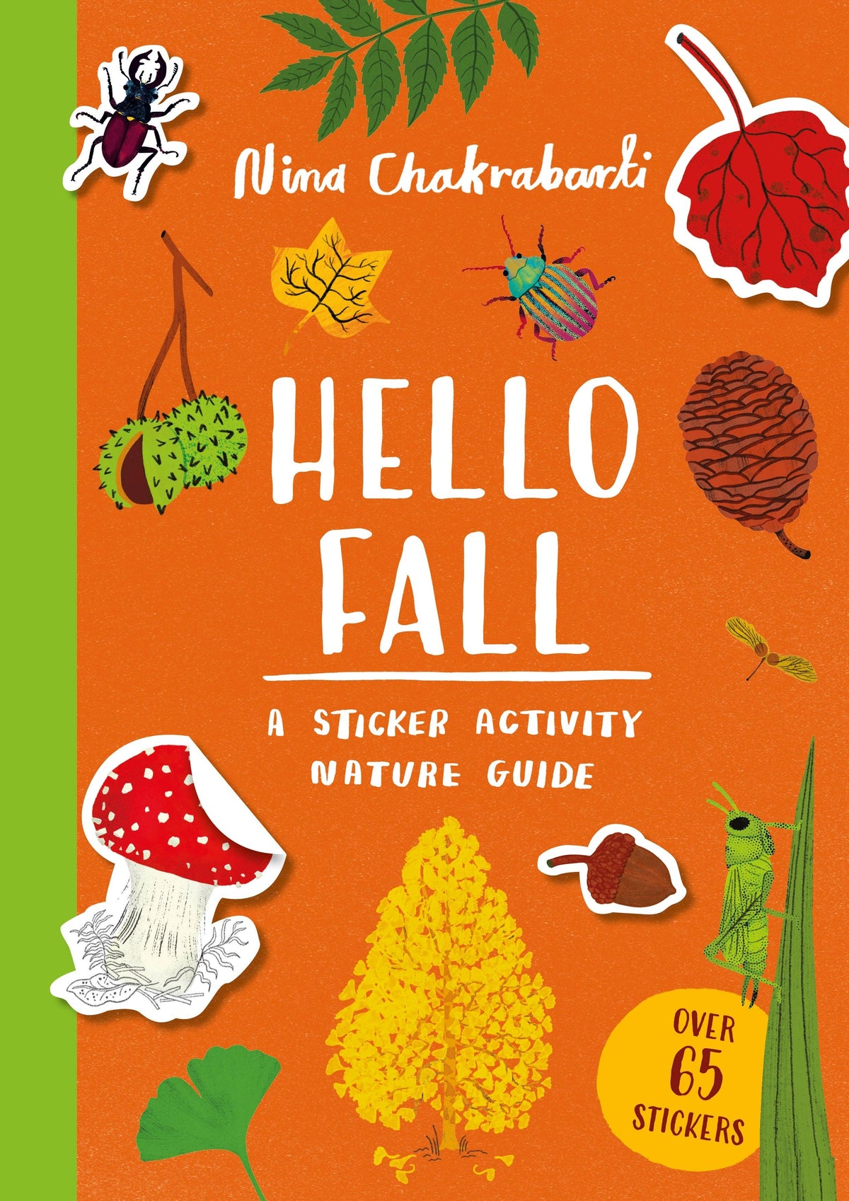 Book cover of 'Hello Fall' with stickers and nature-themed illustrations on an orange background.