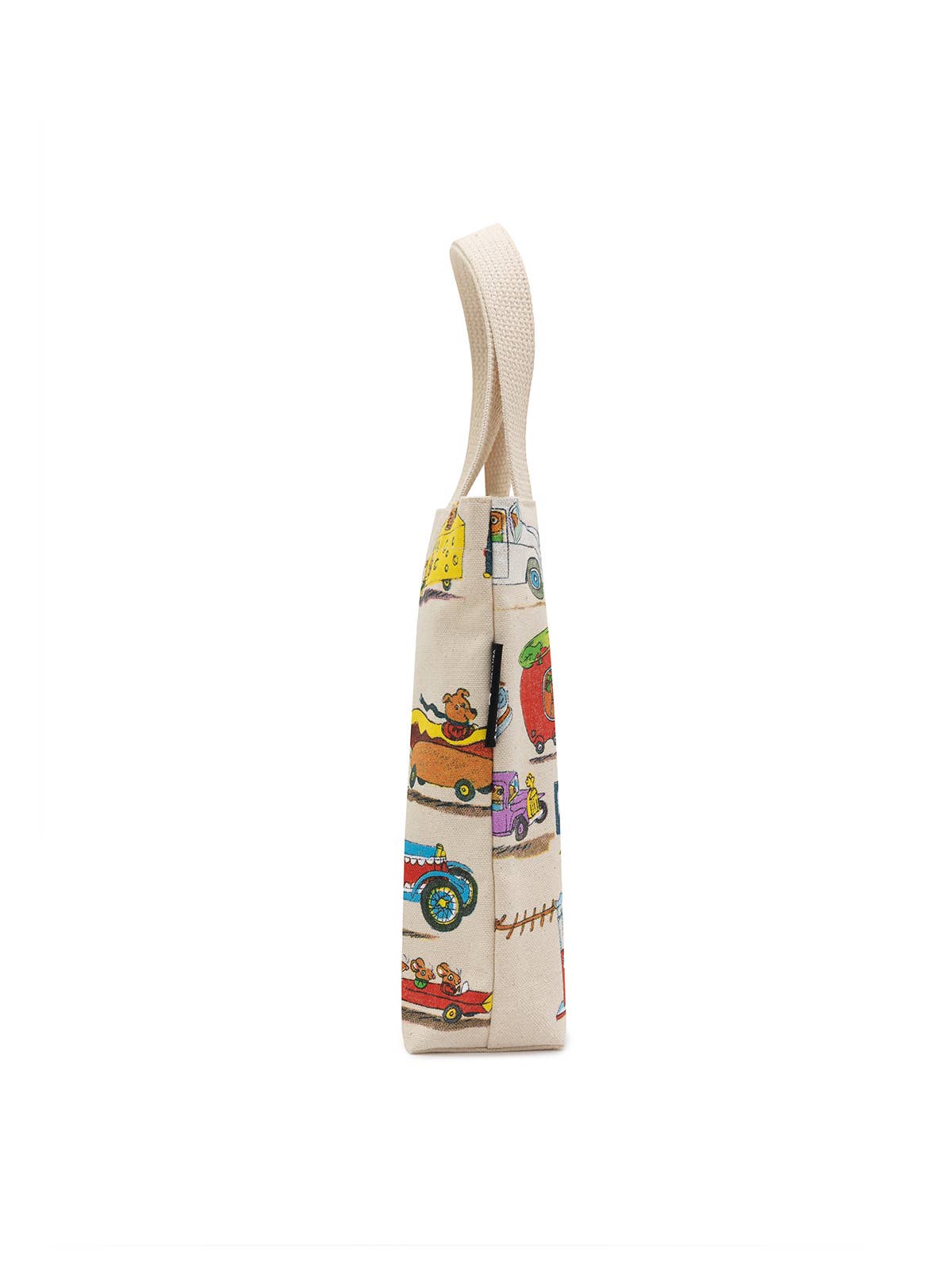 Fabric bag with cartoon designs on a white background