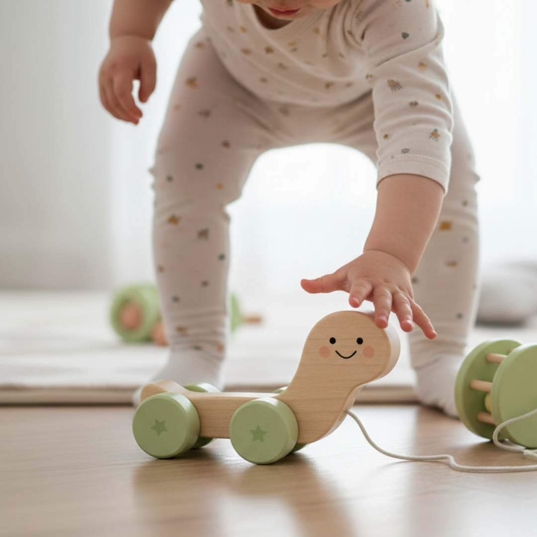 Child playing with a wooden toy on a wooden floor