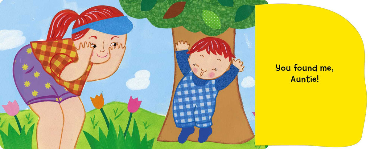 Illustration of a child peeking from behind a tree with another child finding them, on a colorful background.