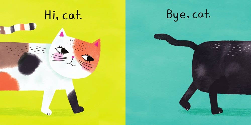 A children's book-style illustration with a split background: on the left, a white cat with orange, black, and brown patches walks across a bright yellow background with the text 'Hi, cat.'; on the right, a black cat walks across a teal background with the text 'Bye, cat.