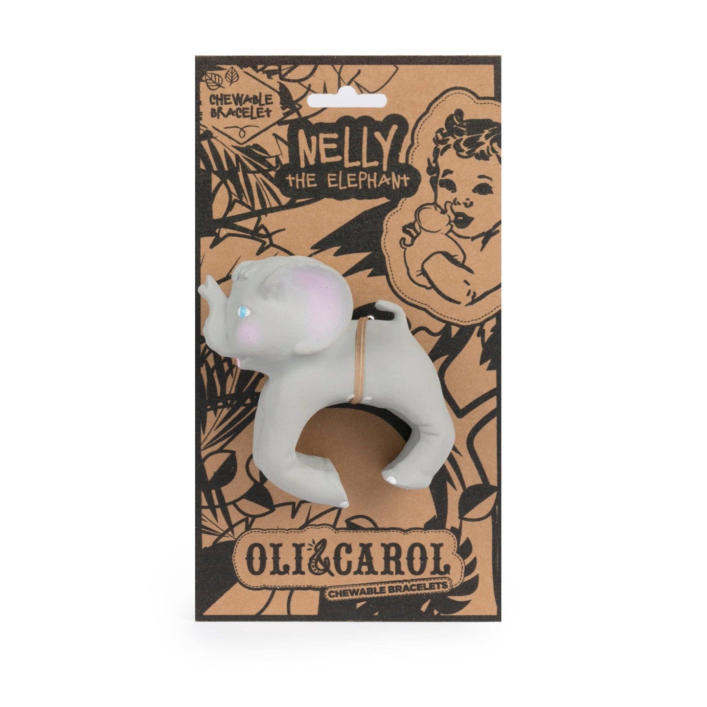 White elephant-shaped chewable bracelet on a branded packaging with 'Oli & Carol' and 'Nelly the Elephant' text.