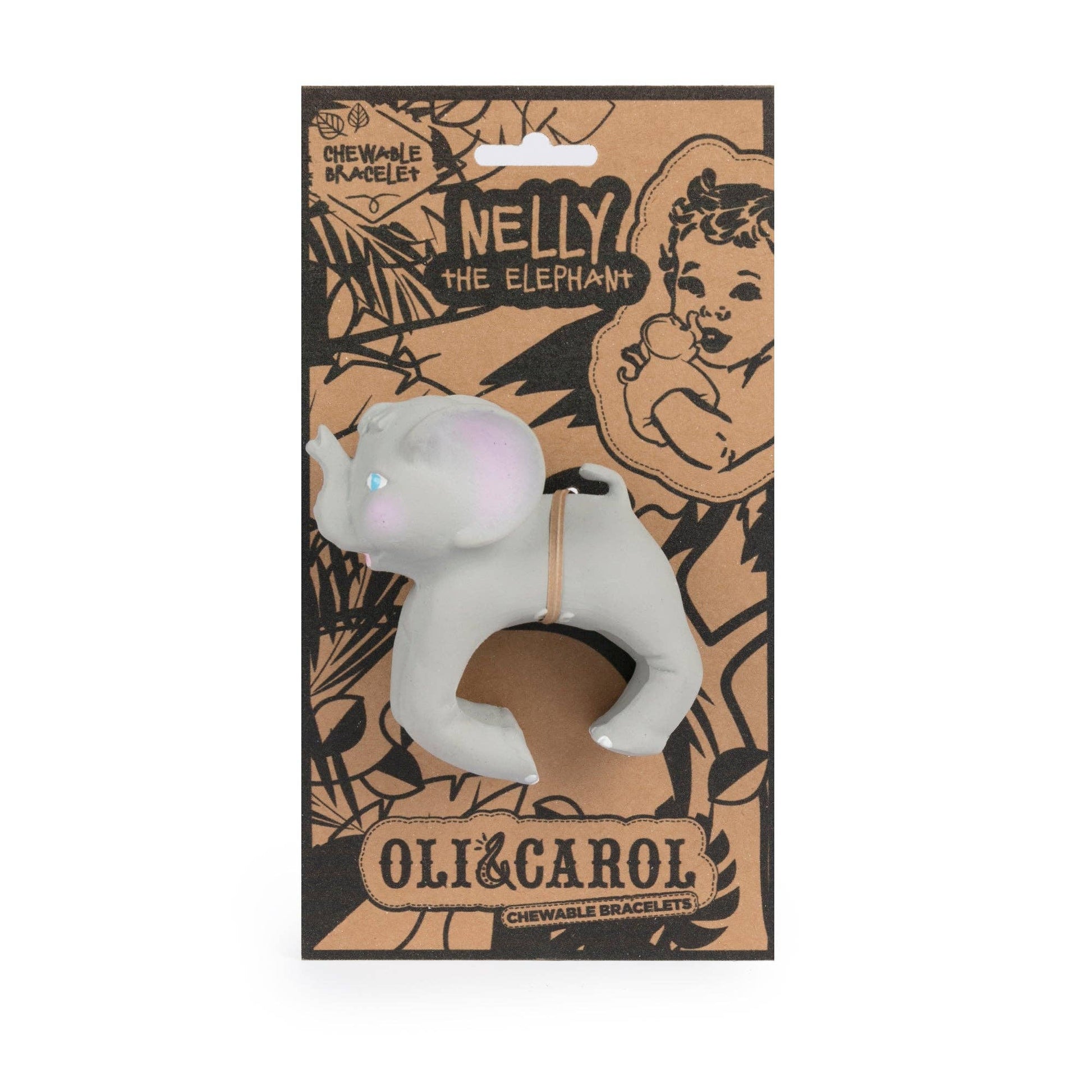 White elephant-shaped chewable bracelet on a branded packaging with 'Oli & Carol' and 'Nelly the Elephant' text.
