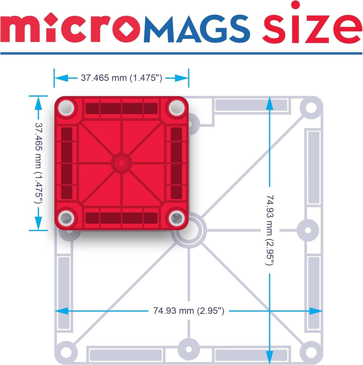 Red square component with dimensions labeled, featuring 'micromags size' text.