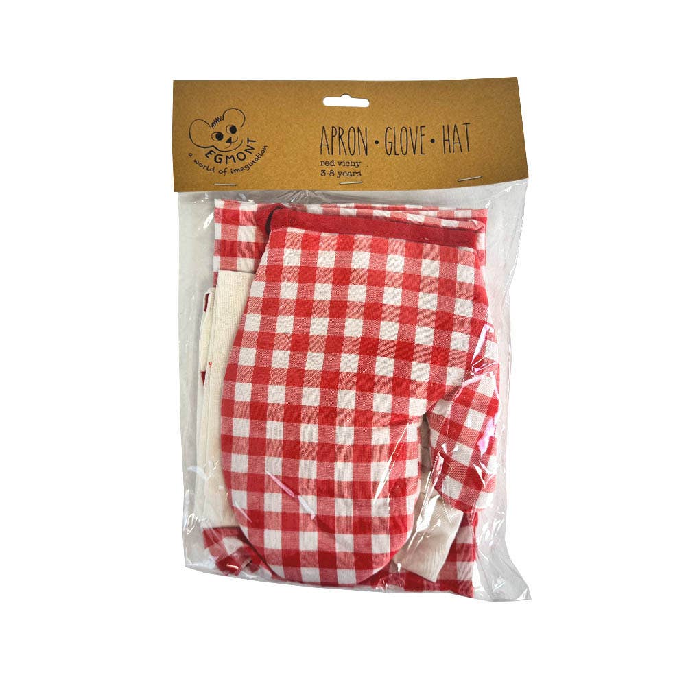Red and white checkered apron, glove, and hat set in clear packaging with brown label on a white background