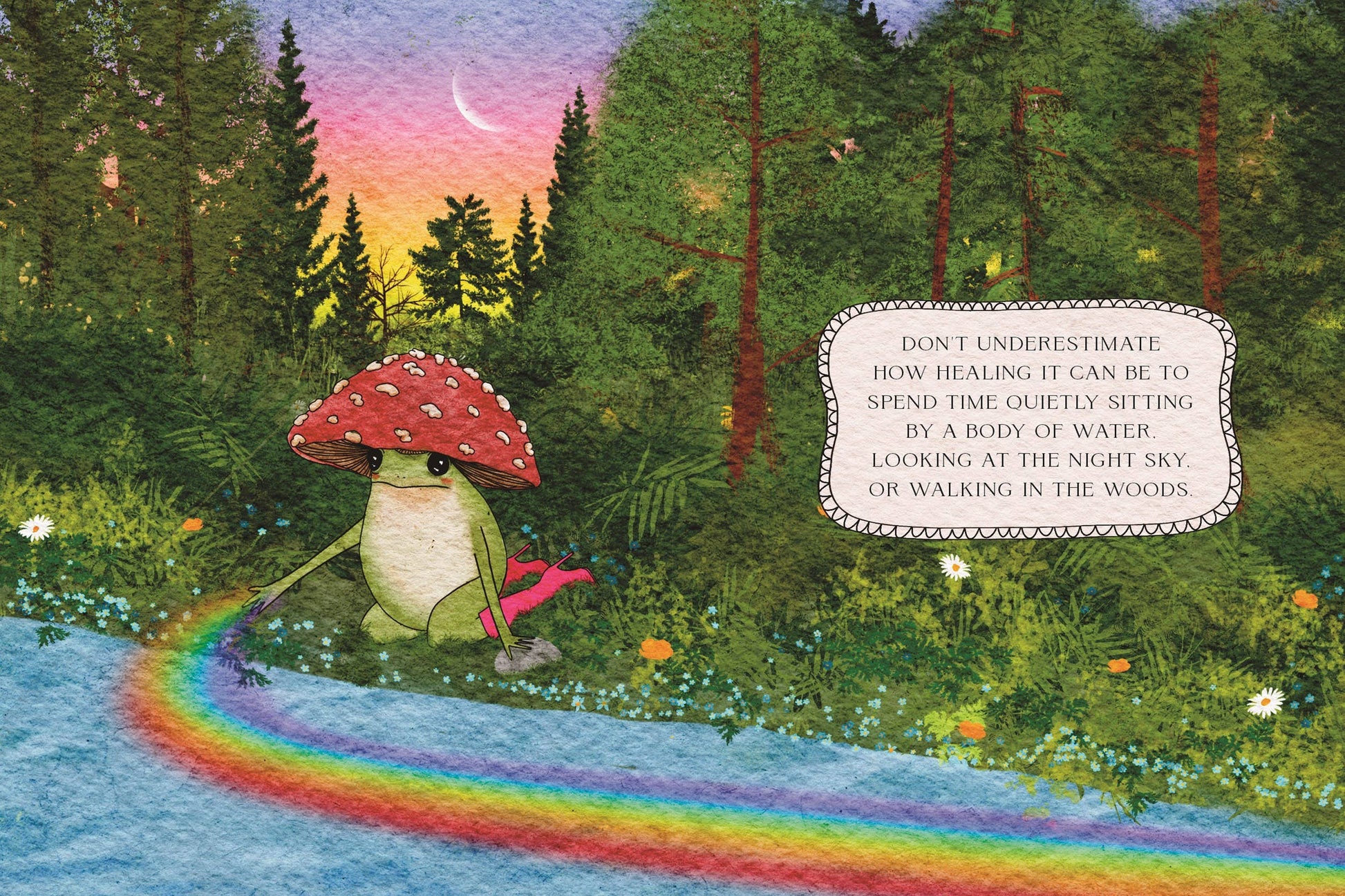 Frog with a mushroom hat sitting by a rainbow in a forest with a quote.