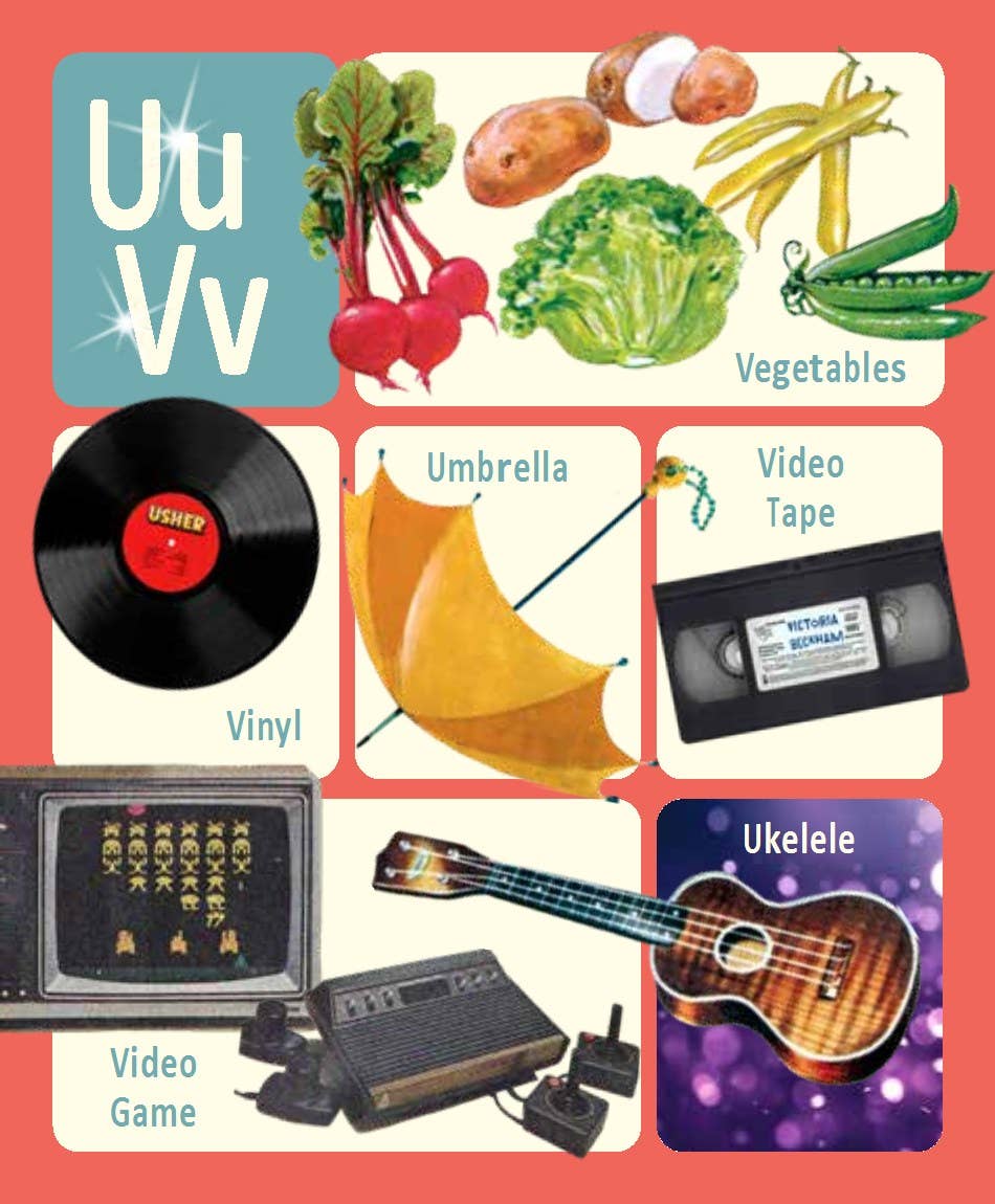 Alphabet chart with images and labels for U, V, and W.