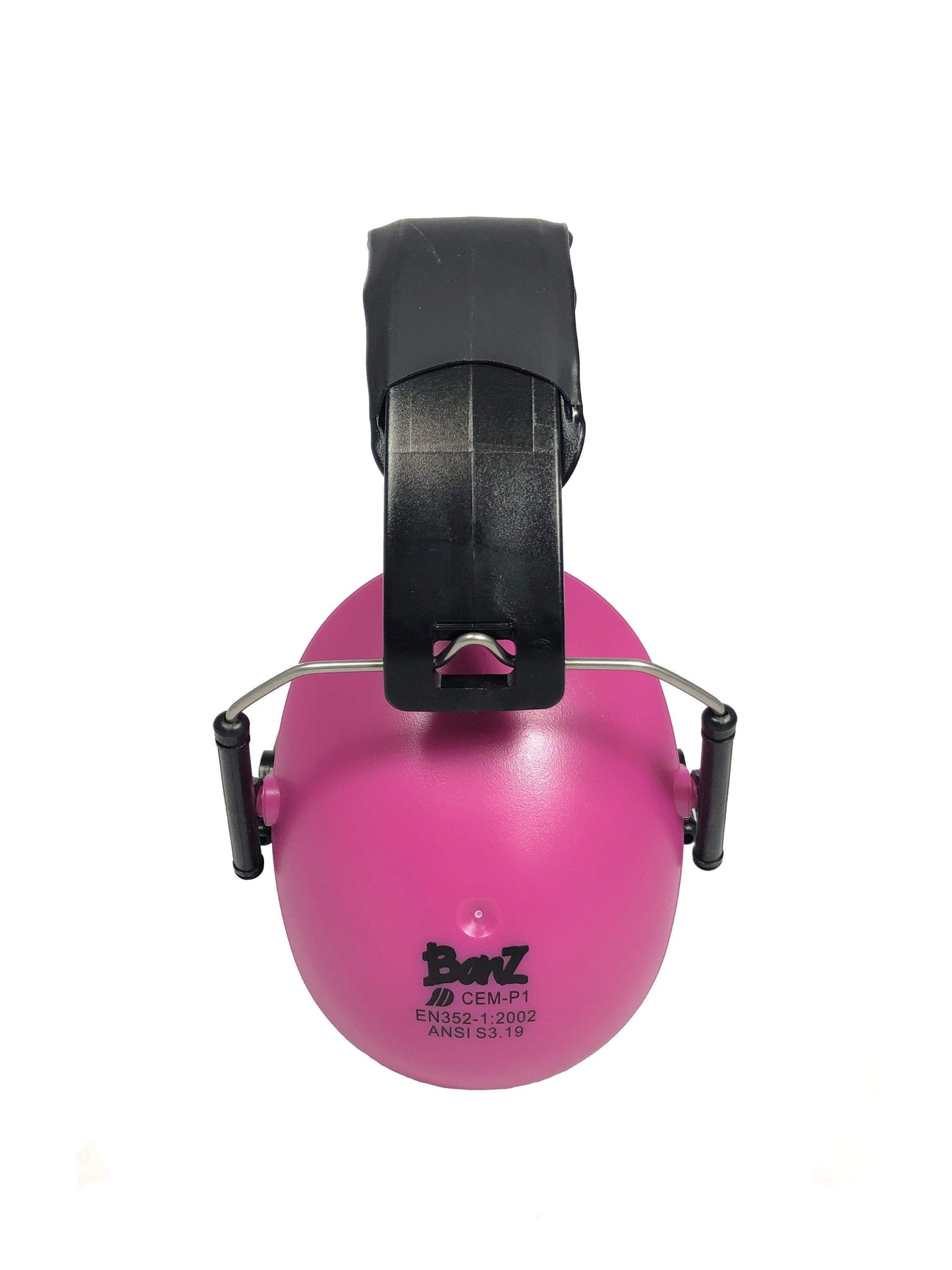 Pink ear protection with black clip on a white background