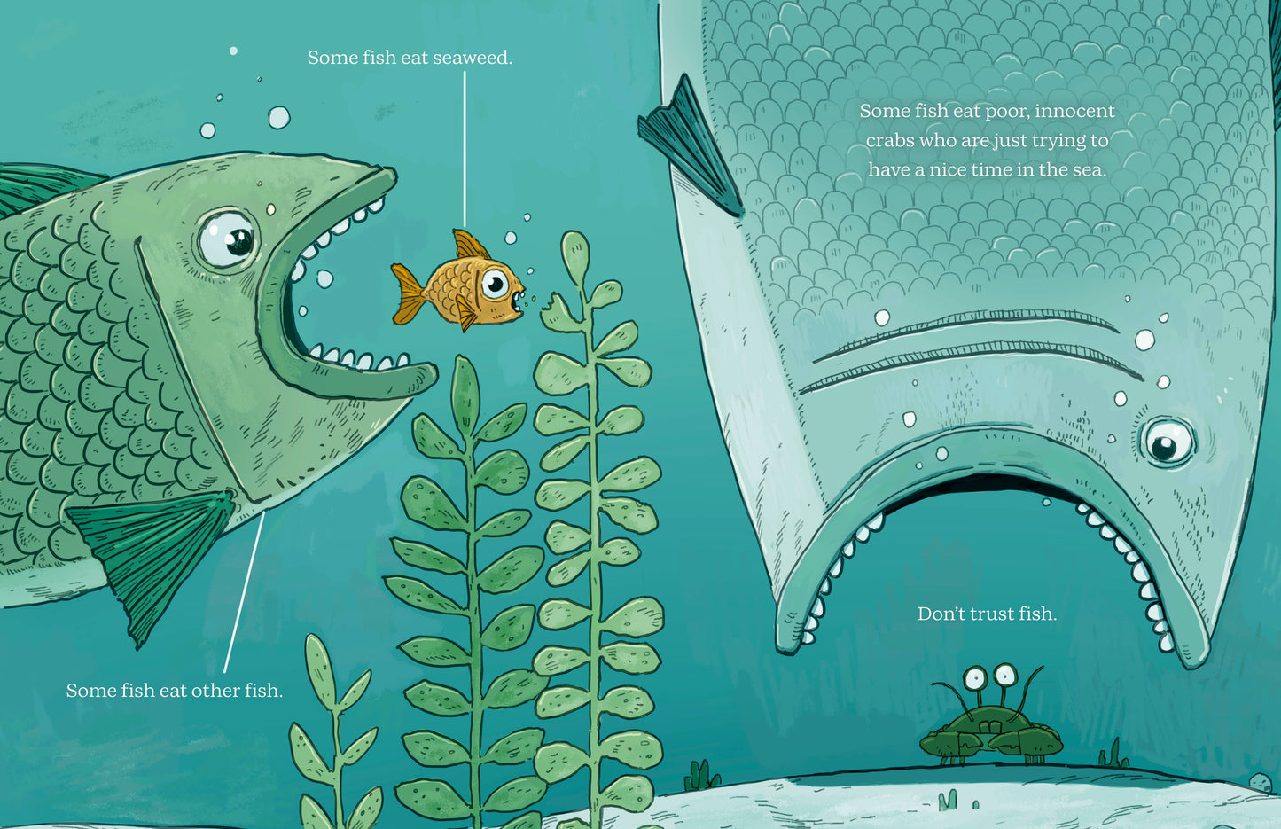 Illustration of a fish with a large mouth eating a smaller fish, with text about trust and danger in the ocean.
