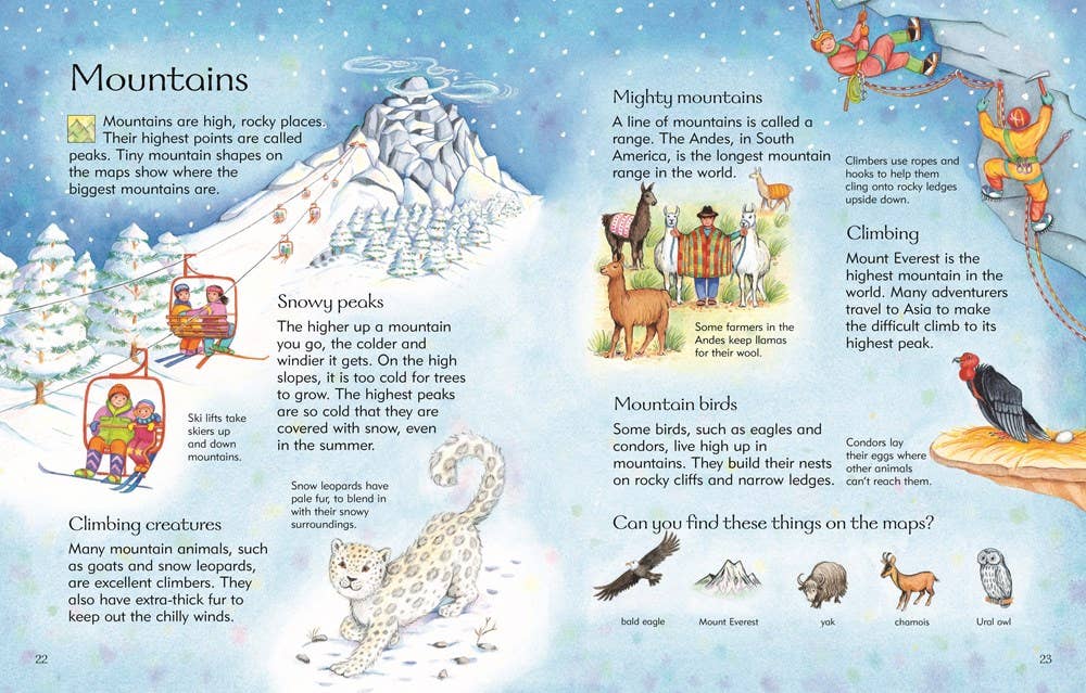 Children's book page about mountains with illustrations and text.