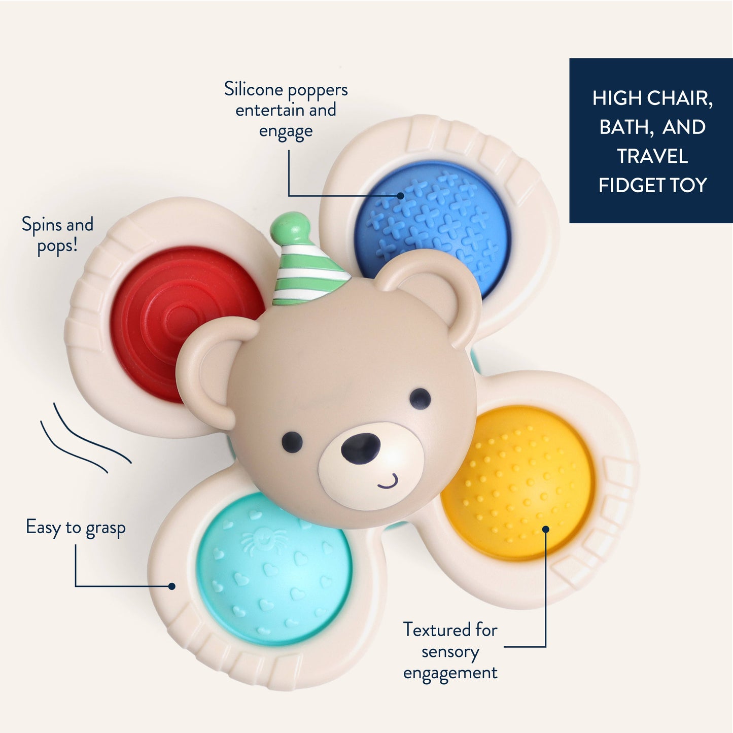 A bear-shaped silicone fidget toy with four colorful textured pads (red, blue, yellow, and light blue) and a small green-and-white striped party hat, shown on a light beige background with callout text and a dark blue label reading 'HIGH CHAIR, BATH, AND TRAVEL FIDGET TOY'.