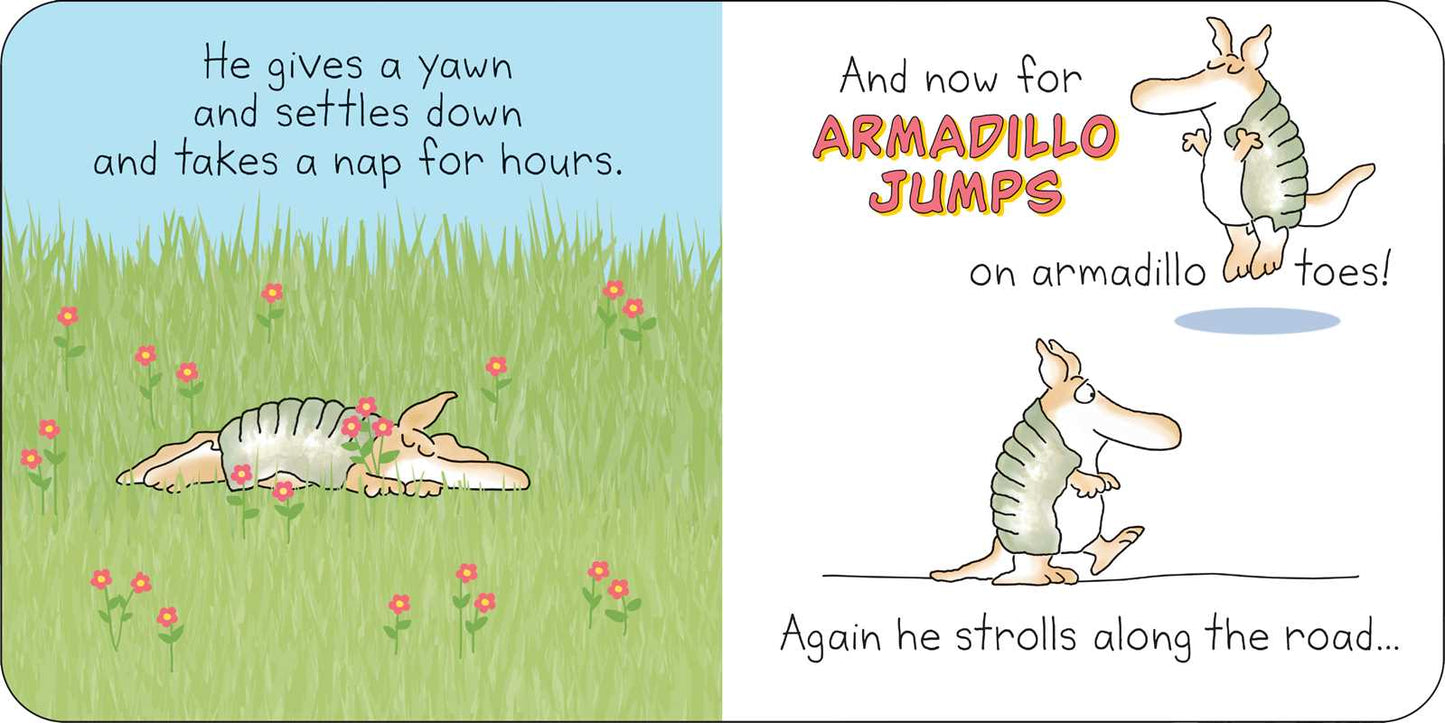 Illustration of an armadillo yawning and taking a nap, with text about it walking on its toes.