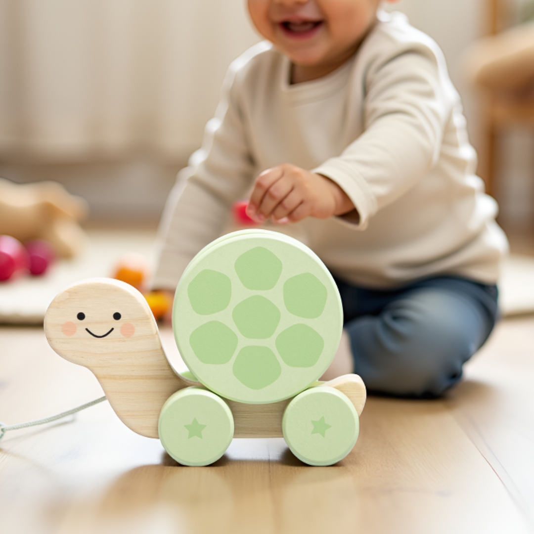 Child playing with a wooden turtle toy on a wooden floor.