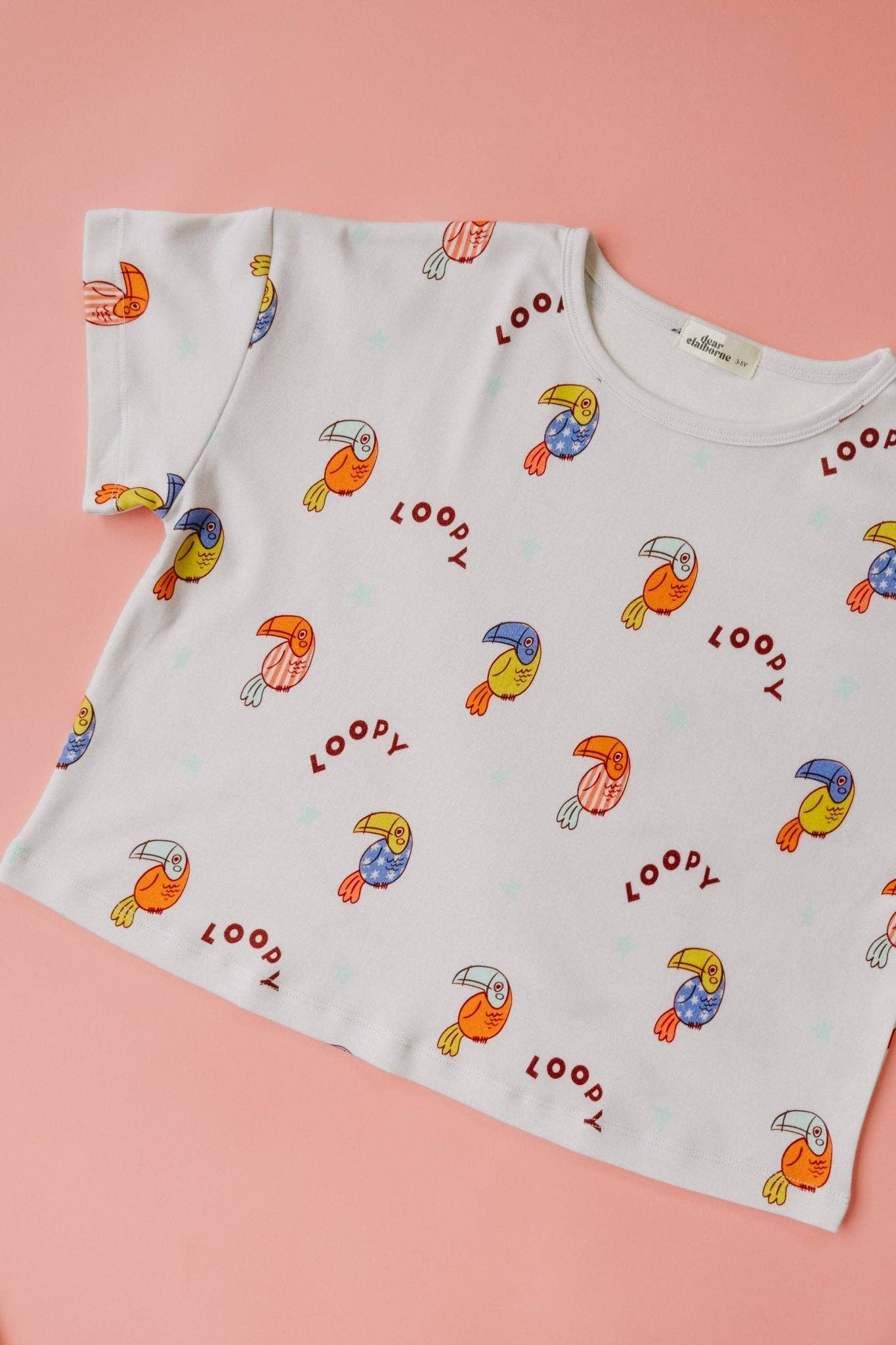 White t-shirt with colorful bird patterns and 'Loopy' text on a pink background
