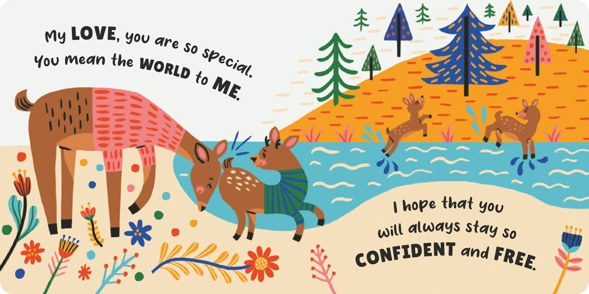 Illustration of deer by a river with text about love and confidence.