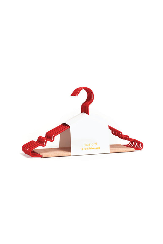 Red hanger with a white label on a white background