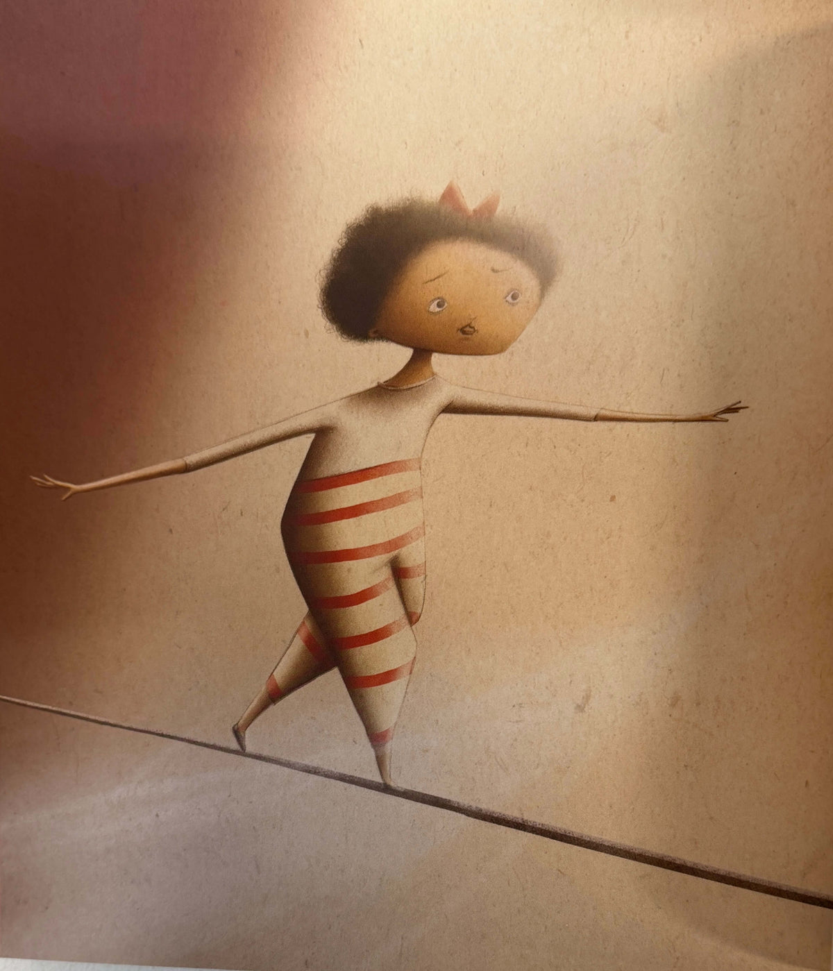 A stylized illustration of a child balancing on a tightrope, wearing a cream bodysuit with red horizontal stripes, set against a warm beige background.
