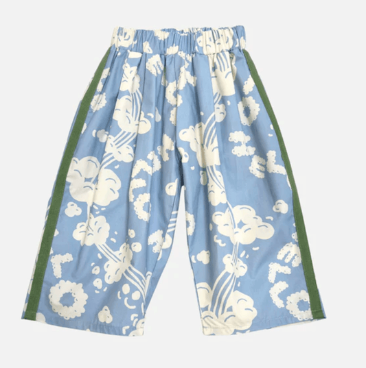 Blue floral-patterned pants with green accents on a white background