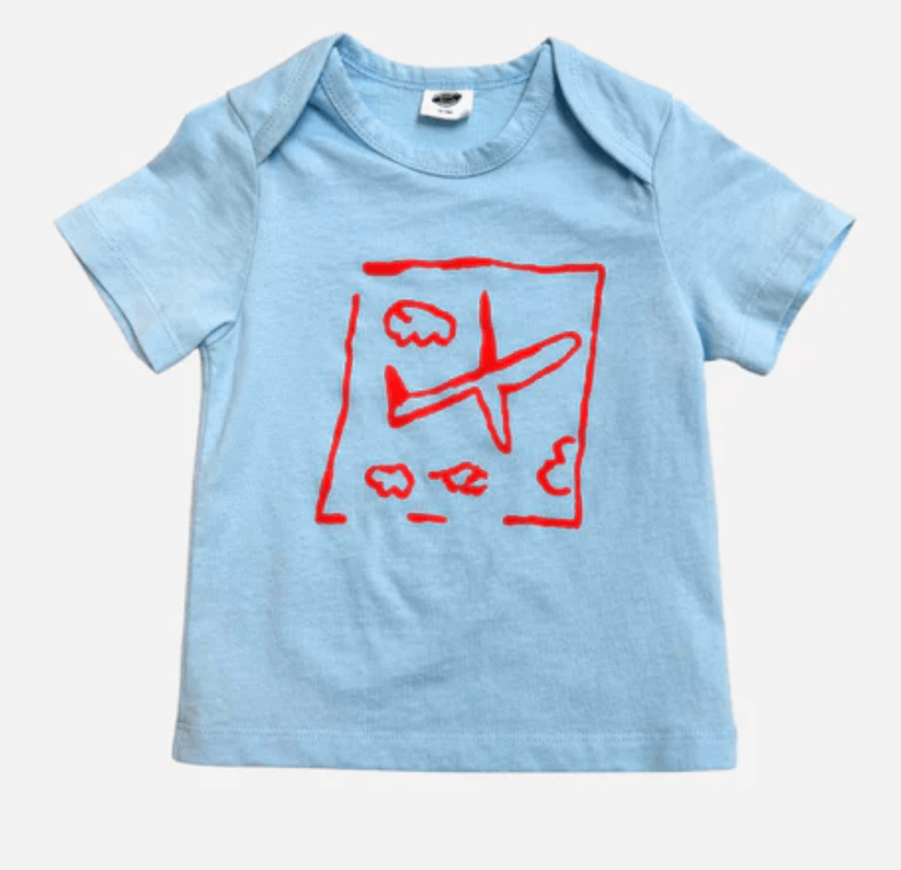 Light blue t-shirt with a red airplane design on a white background