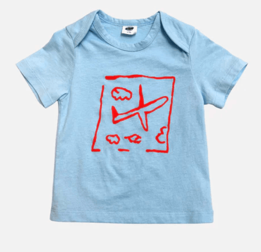 Light blue t-shirt with a red airplane design on a white background