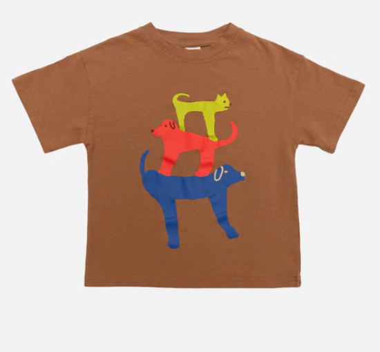Brown t-shirt with colorful dog and cat design on a white background