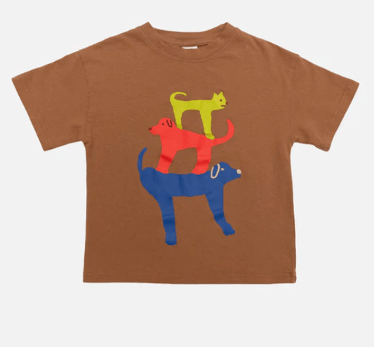 Brown t-shirt with colorful dog and cat design on a white background