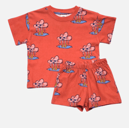 Children's red short set with cartoon character design on a white background