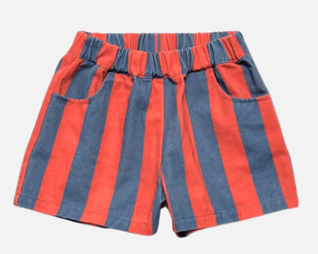 Red and blue striped shorts on a light gray background