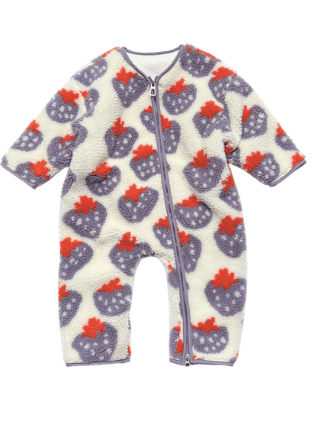 A long-sleeve baby footless one-piece sleeper in a white sherpa fabric, featuring an all-over print of purple strawberries with red tops and a purple zipper running down the front.