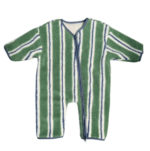 A baby long-sleeve footless romper in a green, white, and blue striped fleece fabric, featuring a blue zipper closure.