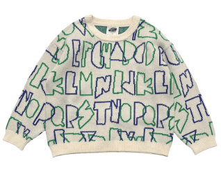 A cream-colored knit sweater featuring an all-over abstract graffiti-style pattern in green and blue outlines.