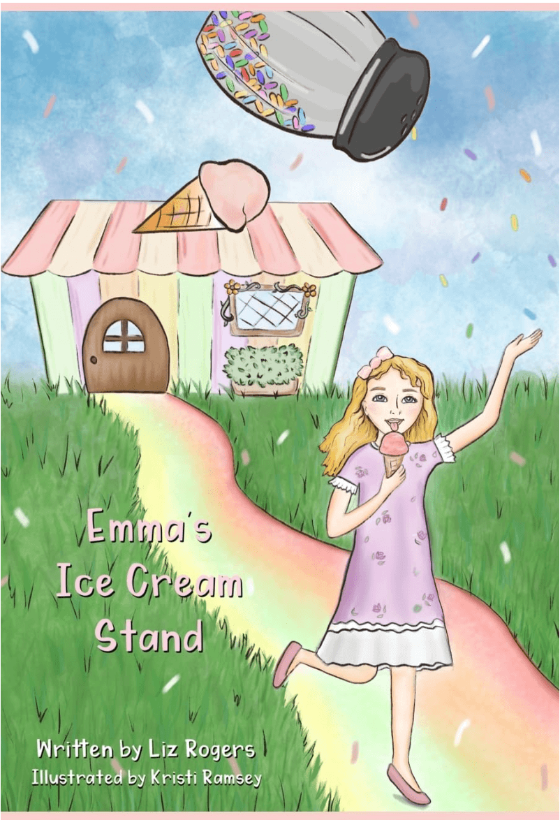Illustrated book cover for 'Emma's Ice Cream Stand' by Liz Rogers, illustrated by Krich Ramsey, featuring a cartoon girl in a lavender dress running on a pastel path toward an ice cream stand with a giant ice cream cone melting in the sky.