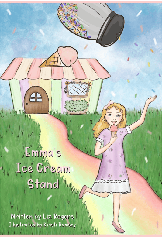 Illustrated book cover for 'Emma's Ice Cream Stand' by Liz Rogers, illustrated by Krich Ramsey, featuring a cartoon girl in a lavender dress running on a pastel path toward an ice cream stand with a giant ice cream cone melting in the sky.