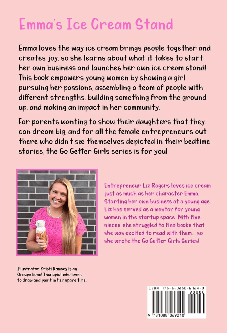 Back cover of a children's book titled "Emma's Ice Cream Stand" on a light pink background, with a synopsis of the story, a small inset photo of a woman holding an ice cream cone, an interview quote, and a barcode at the bottom.