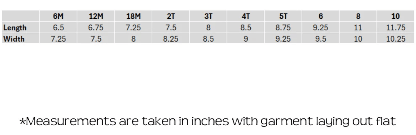 Measurement chart for garment length and width with increments from 6M to 10.