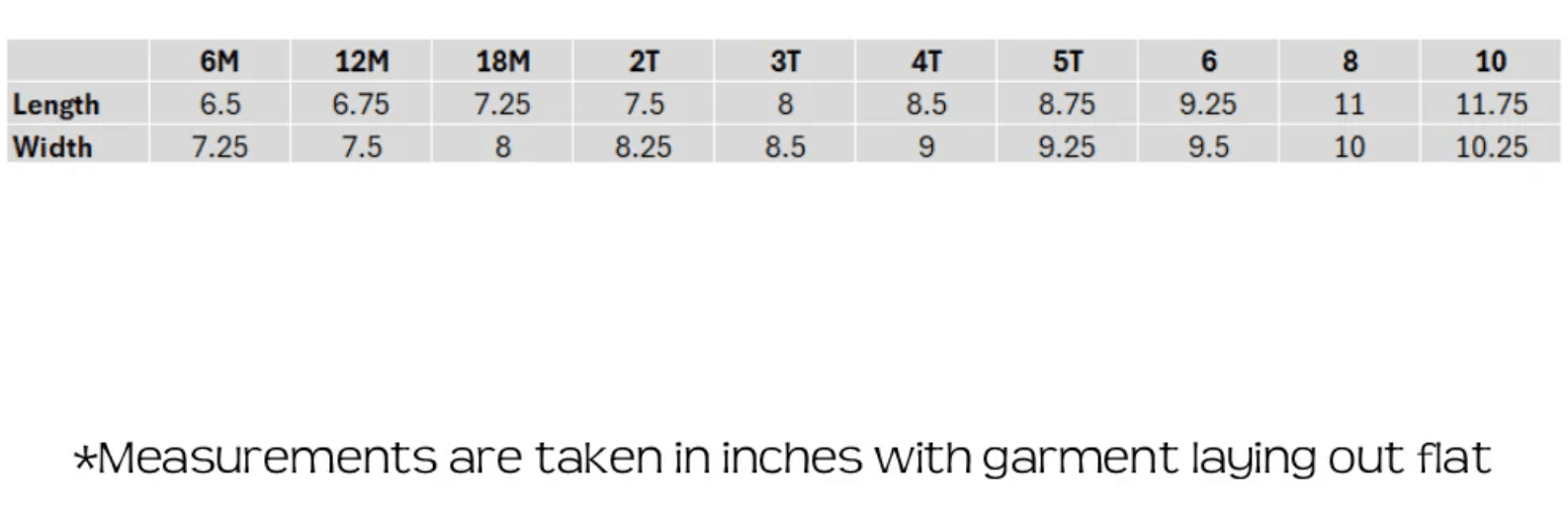 Measurement chart for garment length and width with increments from 6M to 10.