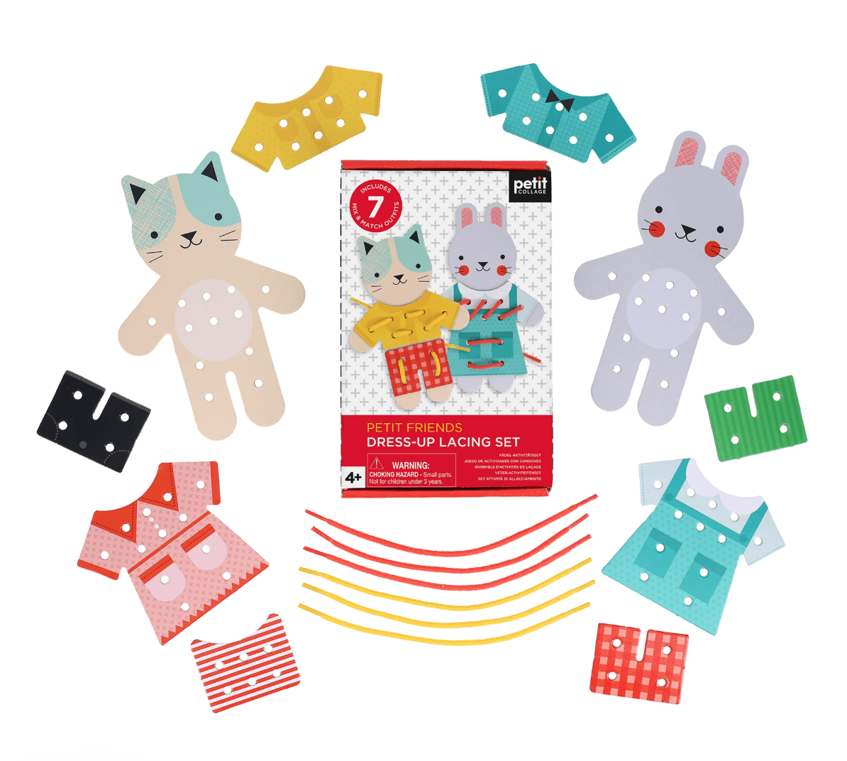 Dress-up lacing set with animal figures and packaging on a white background