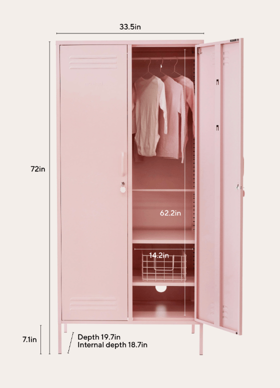 Pink metal locker with open doors, showing interior shelving and hanging space, with dimension labels including 72 in height, 33.5 in width, 62.