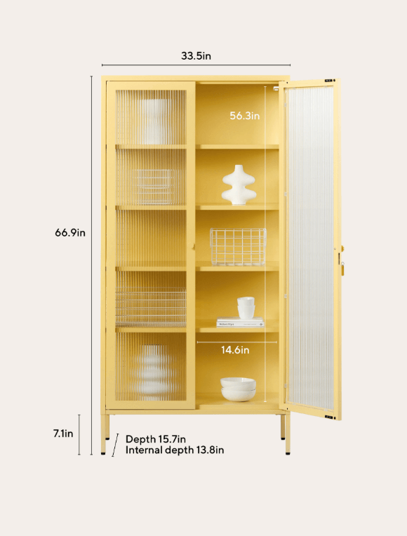 A tall yellow storage cabinet with a glass door shown open, with overlaid dimension labels for height, width, shelf depth, and internal depth on a light beige background.