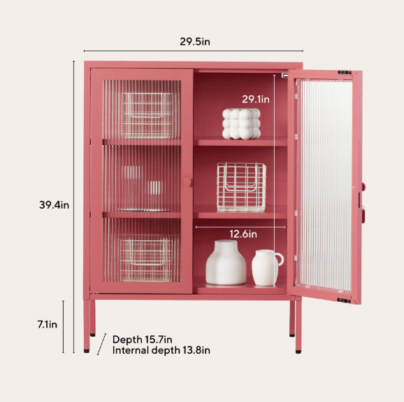 A pink metal storage cabinet with wire racks and a glass door, shown open with overlaid dimensions for height, width, depth, and internal depth on a light beige background.