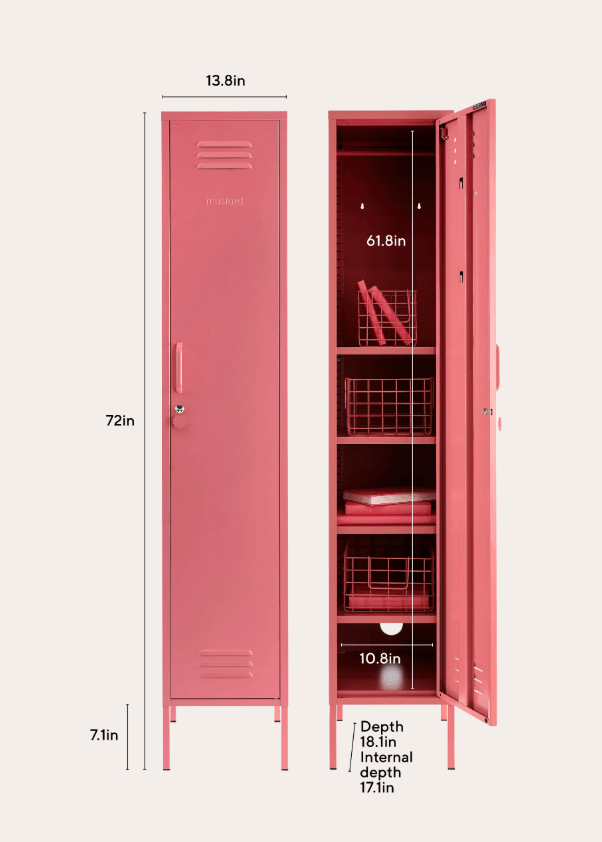 Pink metal locker shown in two views on a light beige background: one closed with dimensions labeled 72in tall and 13.8in wide, and one open showing shelves, baskets, and interior depth measurements including 61.