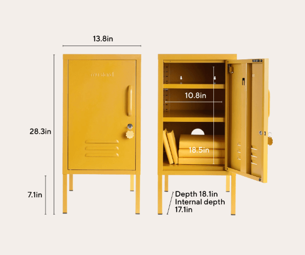 Yellow metal locker shown on a light gray background with dimension callouts for height, width, shelf space, and interior depth. The locker is pictured closed on the left and open on the right to show shelving and storage capacity.