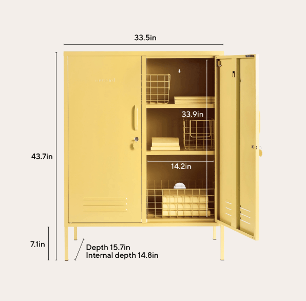 A yellow metal locker shown with its doors open, overlaid with dimension labels for height, width, depth, and internal depth on a light beige background.