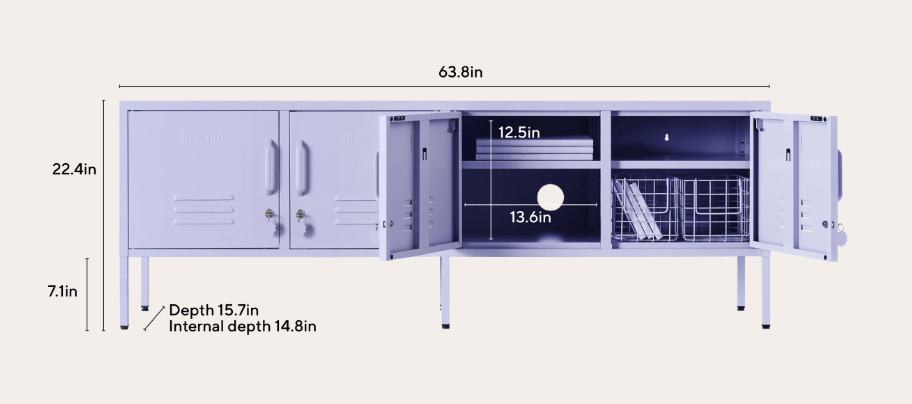 A white metal storage cabinet with four doors, shown open to reveal interior shelving and racks, with dimension callouts including 63.8 in width, 22.